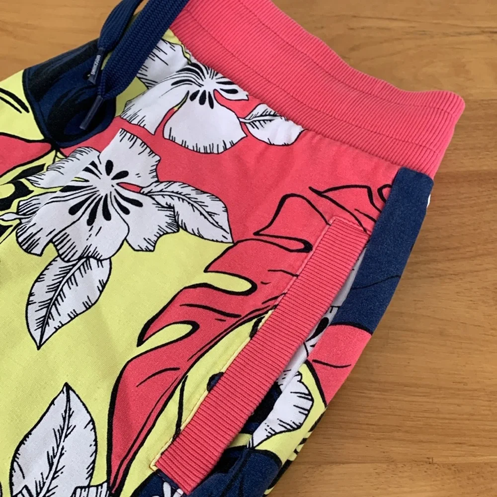 Moschino Men's Swim Size XS Pink Hibiscus Leaf Beach Pants Elastic Drawstring